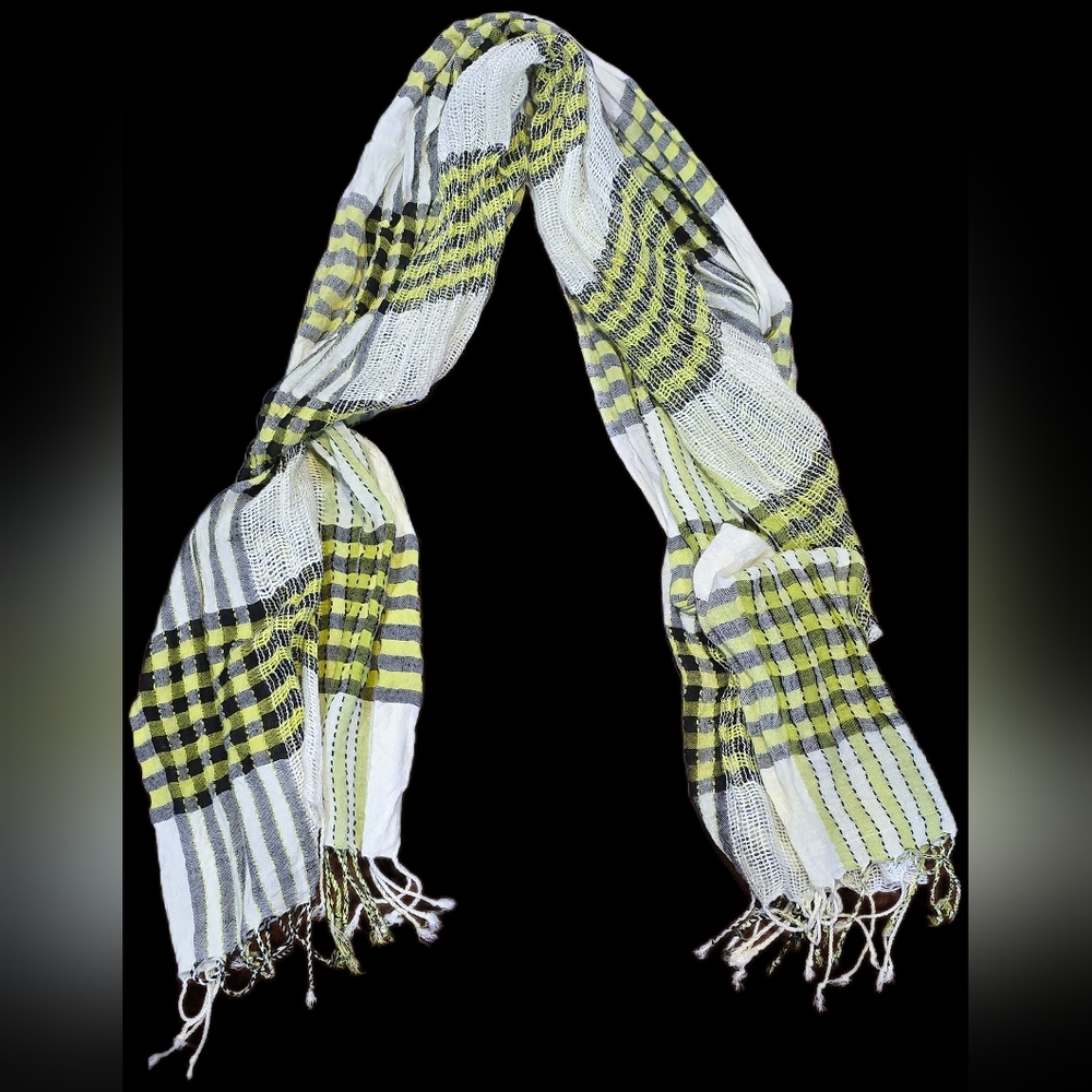 Lightweight Cream Scarf w/ Black & Green Checkered Pattern: Boho Chic & Indie